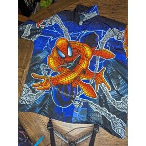 Vintage 2001 Spiderman Button Up Shirt Allover Print by Marvel Comics Y2K Sz 2XL